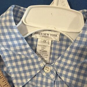 Jones New York Linen Top Women's 1X Blue / White Gingham Check Button-Up Beach